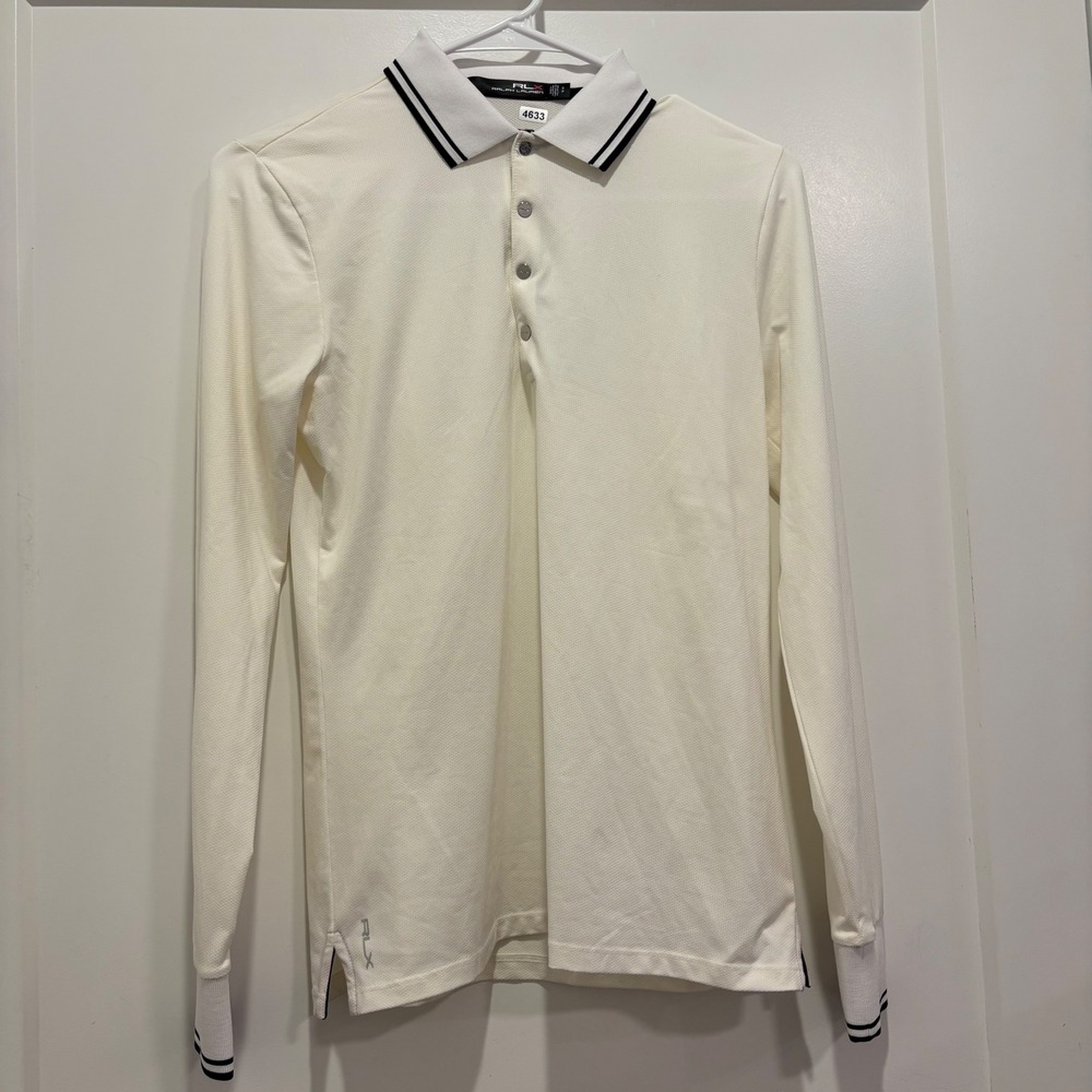 RLX Ralph Lauren White Cream Long Sleeve Performance Polo Shirt Small Navy Trim